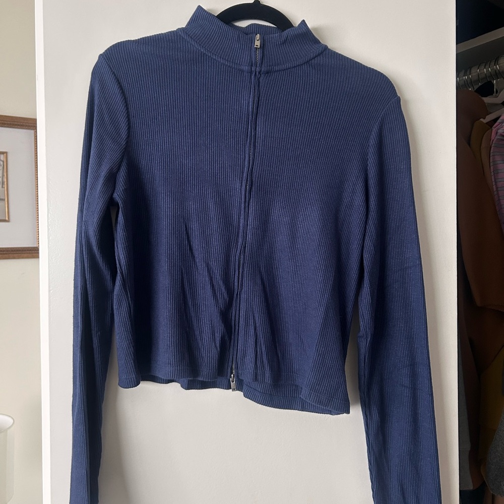 Mango Navy Ribbed Zip-Up Top